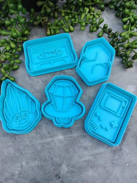 Nineties Theme Cookie Fondant Embosser Imprint Stamp & Cookie Cutter 5 Piece Set Cool S, Pop Ring, Cassette Tape, Troll, Handheld Gaming Toy