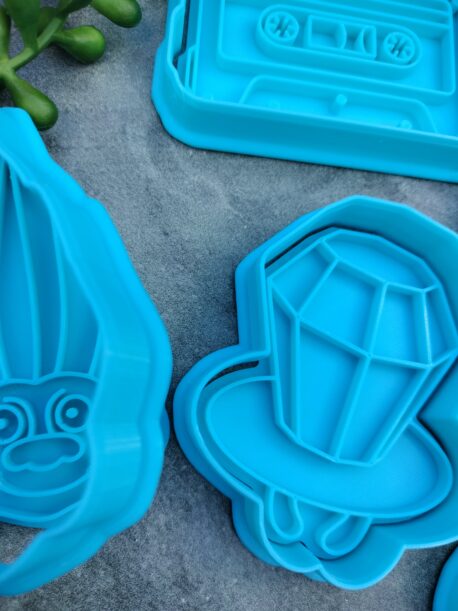 Nineties Theme Cookie Fondant Embosser Imprint Stamp & Cookie Cutter 5 Piece Set Cool S, Pop Ring, Cassette Tape, Troll, Handheld Gaming Toy