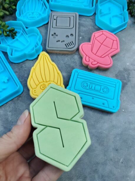 Nineties Theme Cookie Fondant Embosser Imprint Stamp & Cookie Cutter 5 Piece Set Cool S, Pop Ring, Cassette Tape, Troll, Handheld Gaming Toy