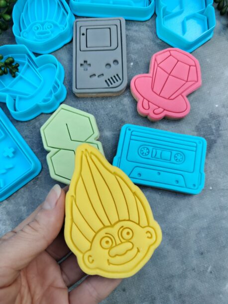 Nineties Theme Cookie Fondant Embosser Imprint Stamp & Cookie Cutter 5 Piece Set Cool S, Pop Ring, Cassette Tape, Troll, Handheld Gaming Toy