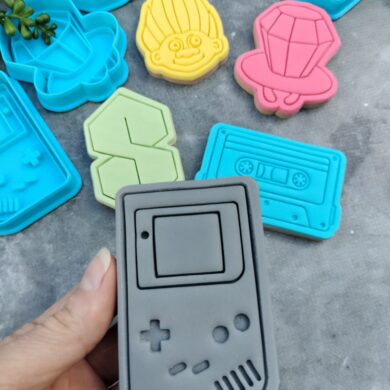 Nineties Theme Cookie Fondant Embosser Imprint Stamp & Cookie Cutter 5 Piece Set Cool S, Pop Ring, Cassette Tape, Troll, Handheld Gaming Toy