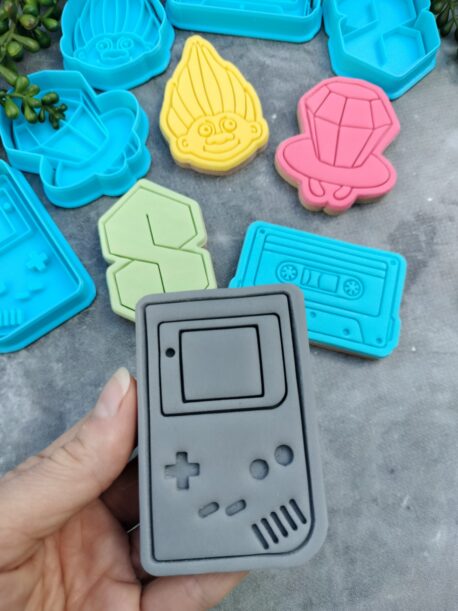 Nineties Theme Cookie Fondant Embosser Imprint Stamp & Cookie Cutter 5 Piece Set Cool S, Pop Ring, Cassette Tape, Troll, Handheld Gaming Toy