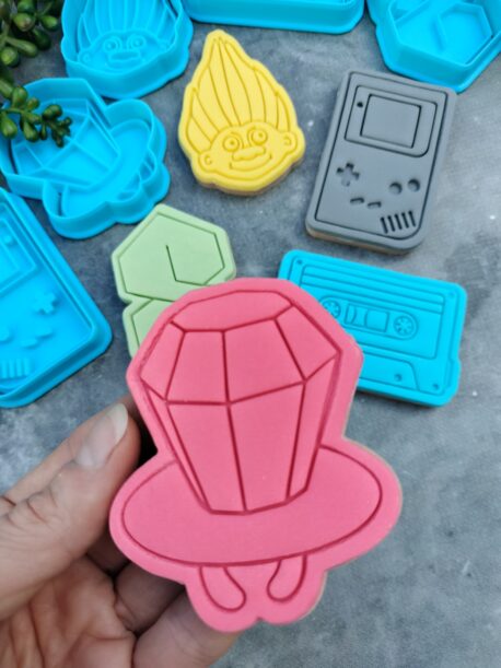 Nineties Theme Cookie Fondant Embosser Imprint Stamp & Cookie Cutter 5 Piece Set Cool S, Pop Ring, Cassette Tape, Troll, Handheld Gaming Toy