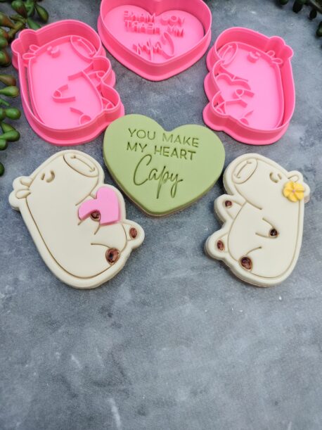 Capybara Cookie Cutter and Fondant Stamp Embosser Set Valentines Day Birthday Love Heart Hug Pun