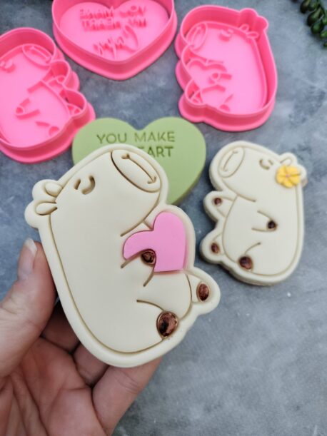 Capybara Cookie Cutter and Fondant Stamp Embosser Set Valentines Day Birthday Love Heart Hug Pun