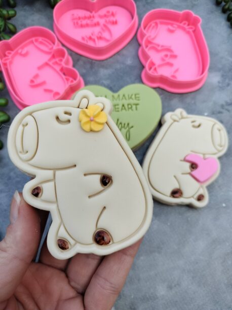 Capybara Cookie Cutter and Fondant Stamp Embosser Set Valentines Day Birthday Love Heart Hug Pun