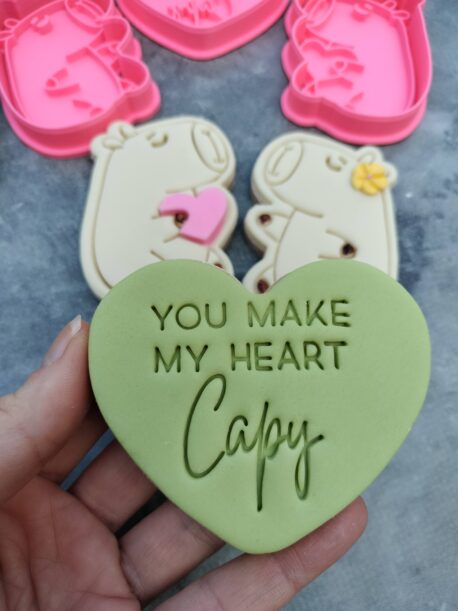 Capybara Cookie Cutter and Fondant Stamp Embosser Set Valentines Day Birthday Love Heart Hug Pun