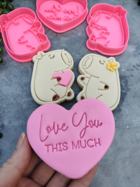 Capybara Cookie Cutter and Fondant Stamp Embosser Set Valentines Day Birthday Love Heart Hug Pun