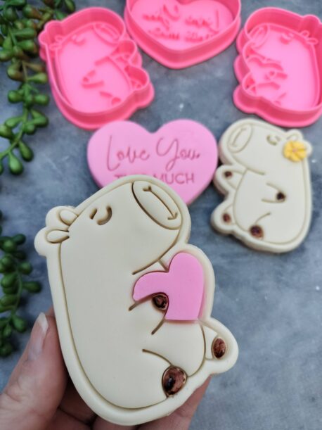 Capybara Cookie Cutter and Fondant Stamp Embosser Set Valentines Day Birthday Love Heart Hug Pun