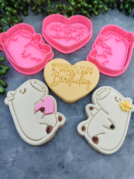 Capybara Cookie Cutter and Fondant Stamp Embosser Set Valentines Day Birthday Love Heart Hug Pun