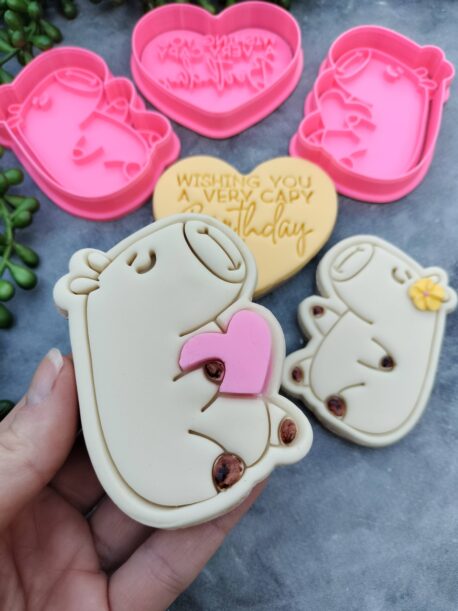 Capybara Cookie Cutter and Fondant Stamp Embosser Set Valentines Day Birthday Love Heart Hug Pun