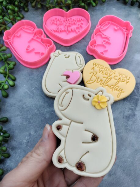 Capybara Cookie Cutter and Fondant Stamp Embosser Set Valentines Day Birthday Love Heart Hug Pun