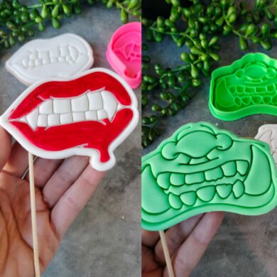 Lips Fangs Drip Mouth, Monster Mouth Teeth Face Cookie Fondant Stamp Embosser and Cookie Cutter PYO Halloween