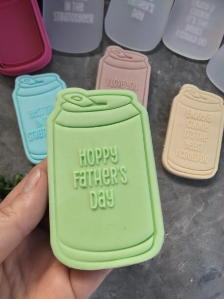 Beer Can Cookie Cutter and Fondant Stamp Embosser with 4 Raised Fondant Stamp Sayings for Fathers Day