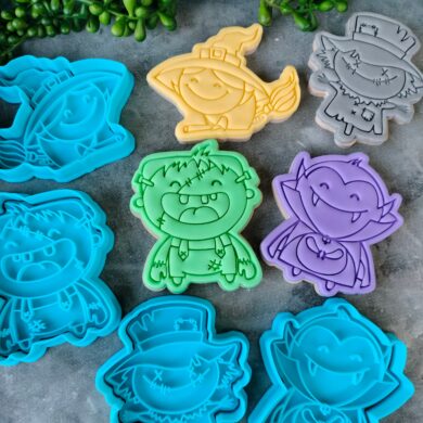 Halloween Set, Frankenstein Monster, Dracula, Scarecrow, Witch Cookie Fondant Embosser Imprint Stamp and Cookie Cutters PYO Halloween Cookies